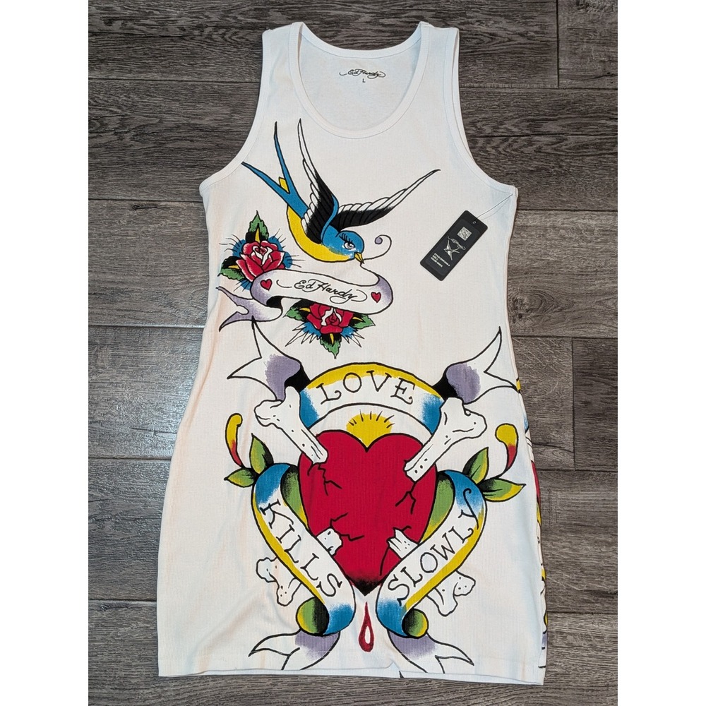 Ed Hardy Love Kills Slowly Tattoo Graphic Ribbed Tank Mini Dress White L EHW3006